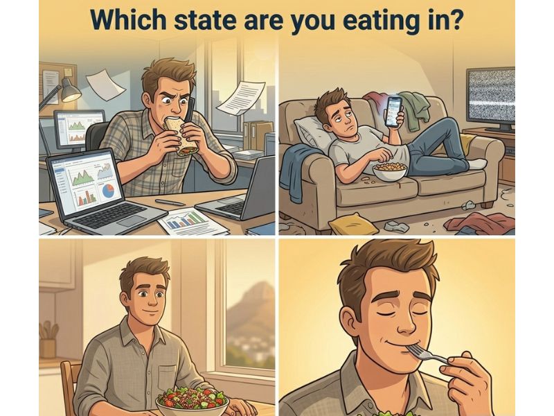 Four eating states illustrated — stressed, distracted, mindful, and appreciative
