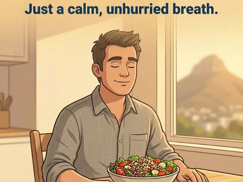 Man pausing for 30 seconds before eating to activate calm state and improve digestion