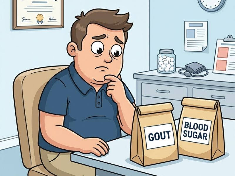 A man sitting at a doctor's desk with two separate medication bags, representing gout and blood sugar being treated as unrelated conditions.