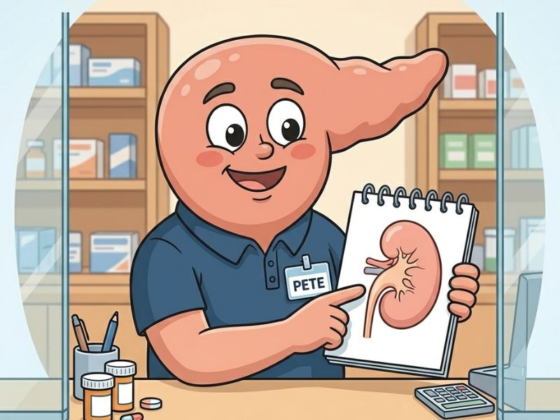 Pharmacist Pete explaining how the kidneys clear uric acid, illustrating the mechanism behind gout.