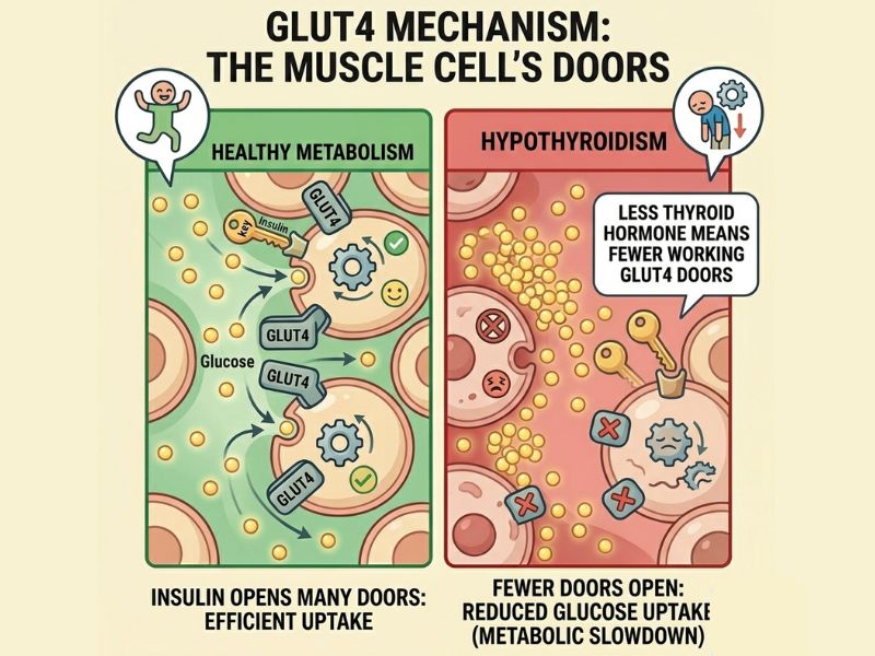 hypothyroidism reduces GLUT4 glucose transporter activity worsening insulin resistance