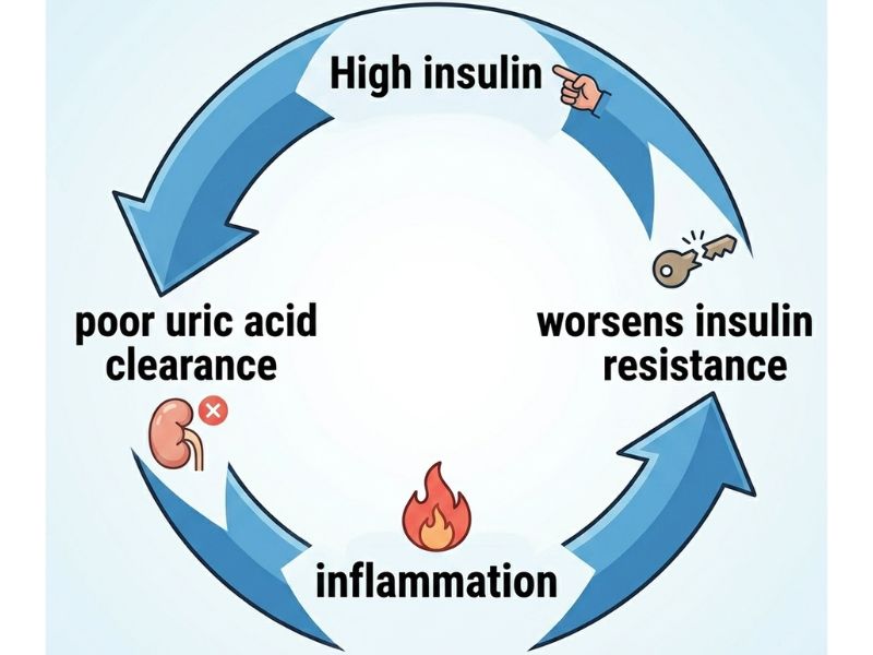 Diagram showing the bidirectional relationship between insulin resistance and high uric acid levels in gout and prediabetes.