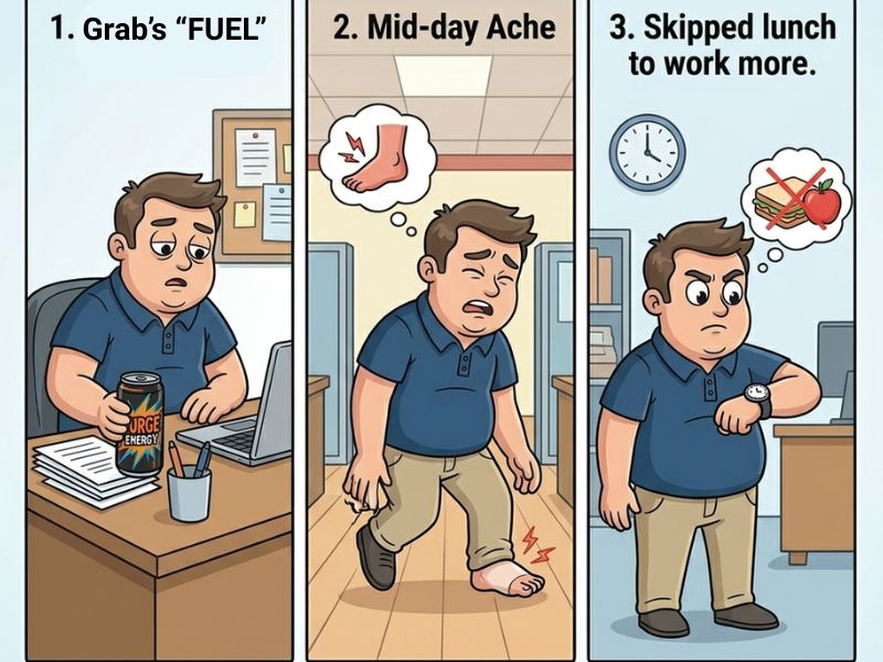 Three everyday workplace scenarios showing how daily habits simultaneously affect gout and blood sugar levels.