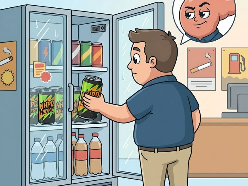 A man reaching for a sugary energy drink, representing how fructose in common beverages raises uric acid and spikes insulin simultaneously.
